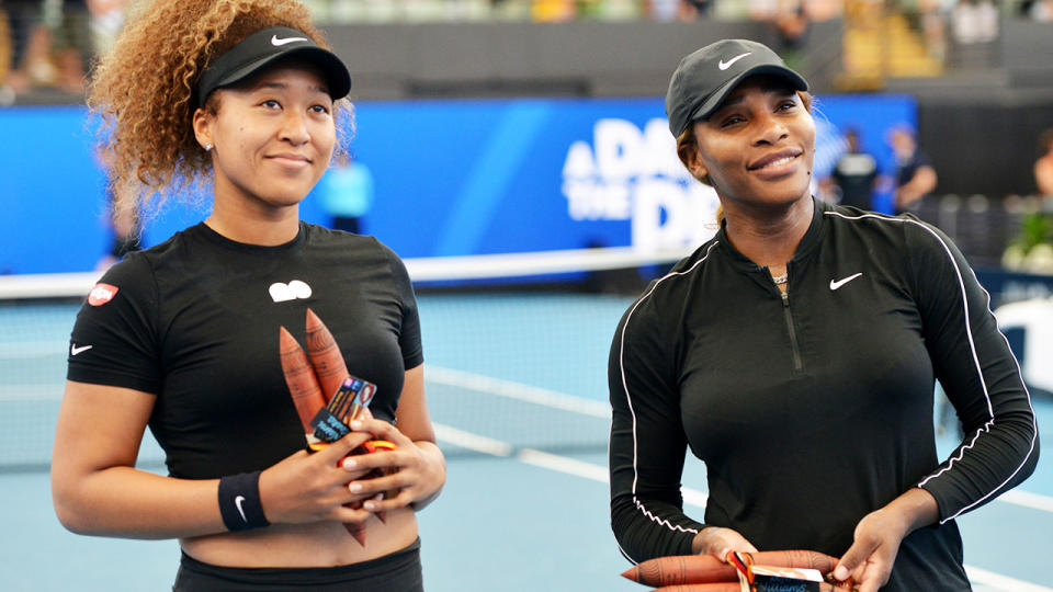 Naomi Osaka and Serena Williams, pictured here before their exhibition match in Adelaide.