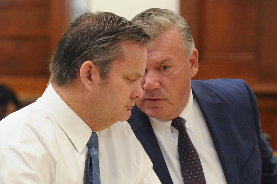 Chad Daybell confers with defense attorney John Prior during Chad Daybell’s preliminary hearing in Fremont County on in 2020. Judge Steven Boyce issued a gag order in Daybell’s criminal case after Prior participated in an interview.