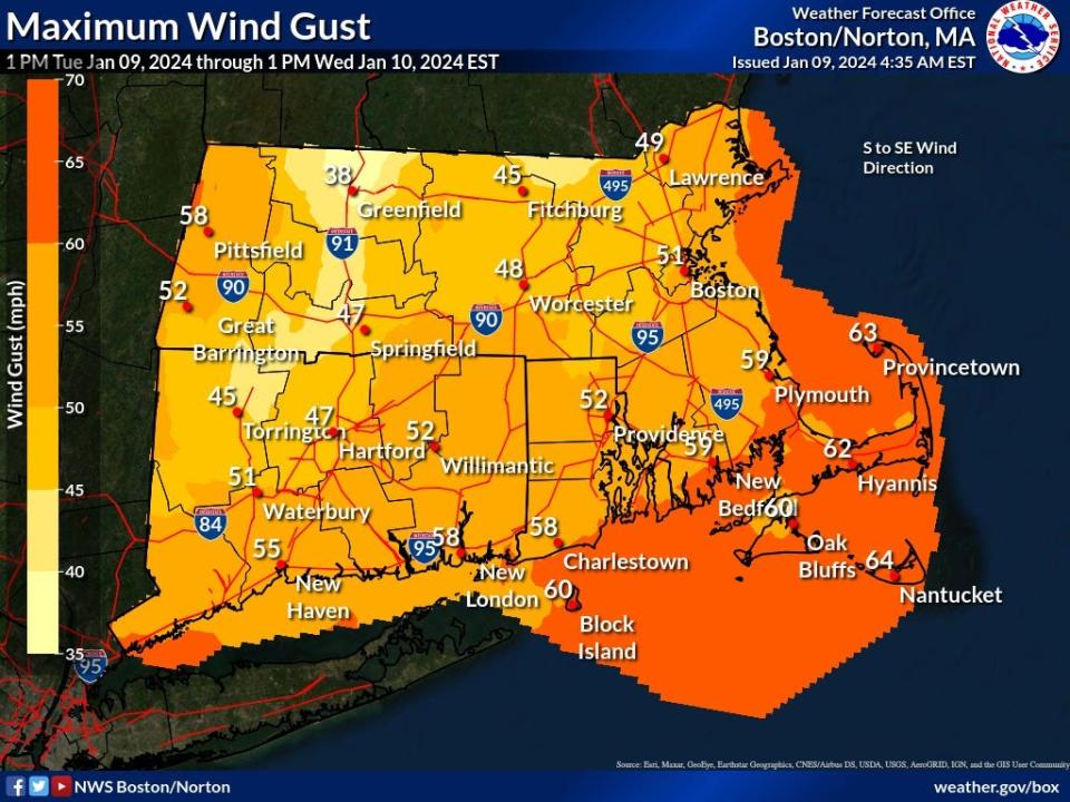 Maximum wind gusts associated with the storm that is set to impact the region on Tuesday night into Wednesday.