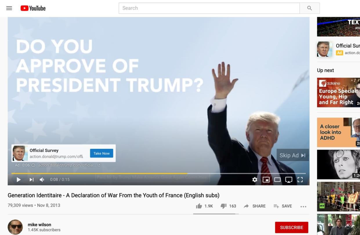 An ad for President Donald Trump on a white nationalist video on YouTube. (Courtesy Global Project Against Hate and Extremism)