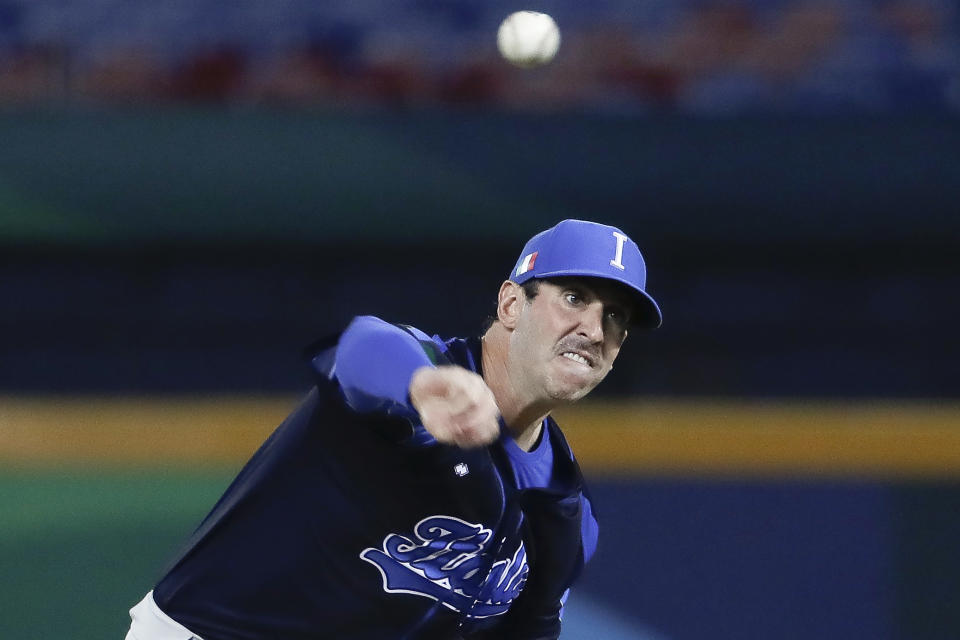 Italy's pitcher Matt Harvey pitches to a Cuba batter during a Pool A game at the World Baseball Classic (WBC) at the Taichung Intercontinental Baseball Stadium in Taichung, Taiwan, Thursday, March 9, 2023. (AP Photo/I-Hwa Cheng)