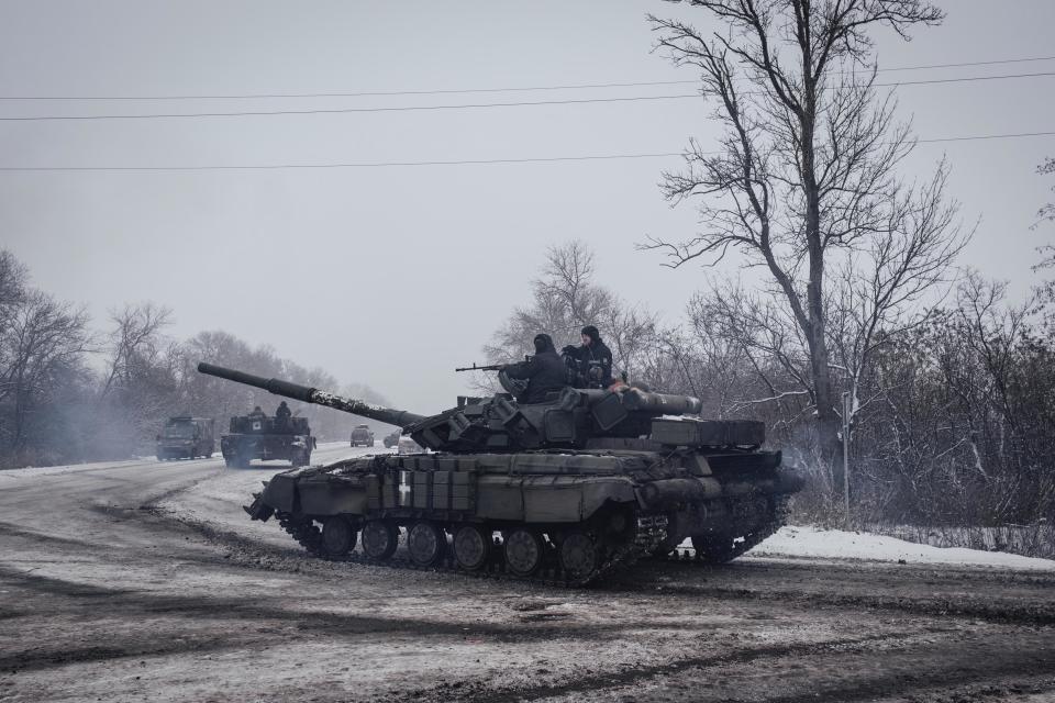 A Ukrainian tank patrols near Bakhmut on Jan. 30. The city has been the center of intense fighting for months. (Adrien Vautier / Le Pictorium / AP)