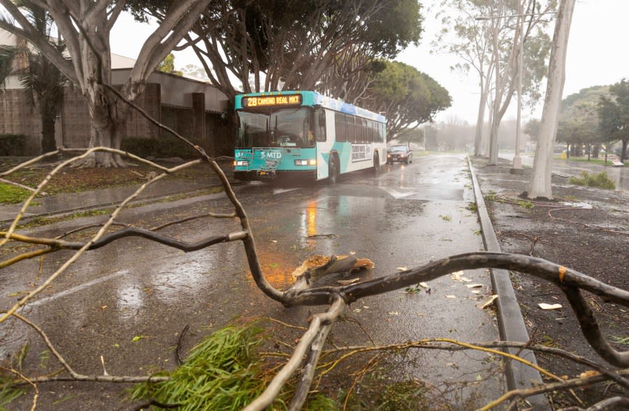 Vehicles pass downed branches during a rainstorm, Feb. 4, 2024, in Goleta, Calif. Officials warned the second of back-to-back atmospheric rivers will cause possible life-threatening conditions. (AP Photo/Ethan Swope)