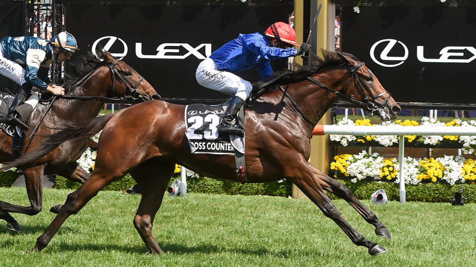 Cross Counter (GB) ridden by Kerrin McEvoy wins the Lexus Melbourne Cup at Flemington Racecourse on November 06, 2018 in Flemington, Australia. (Brett Holburt/Racing Photos via Getty Images)