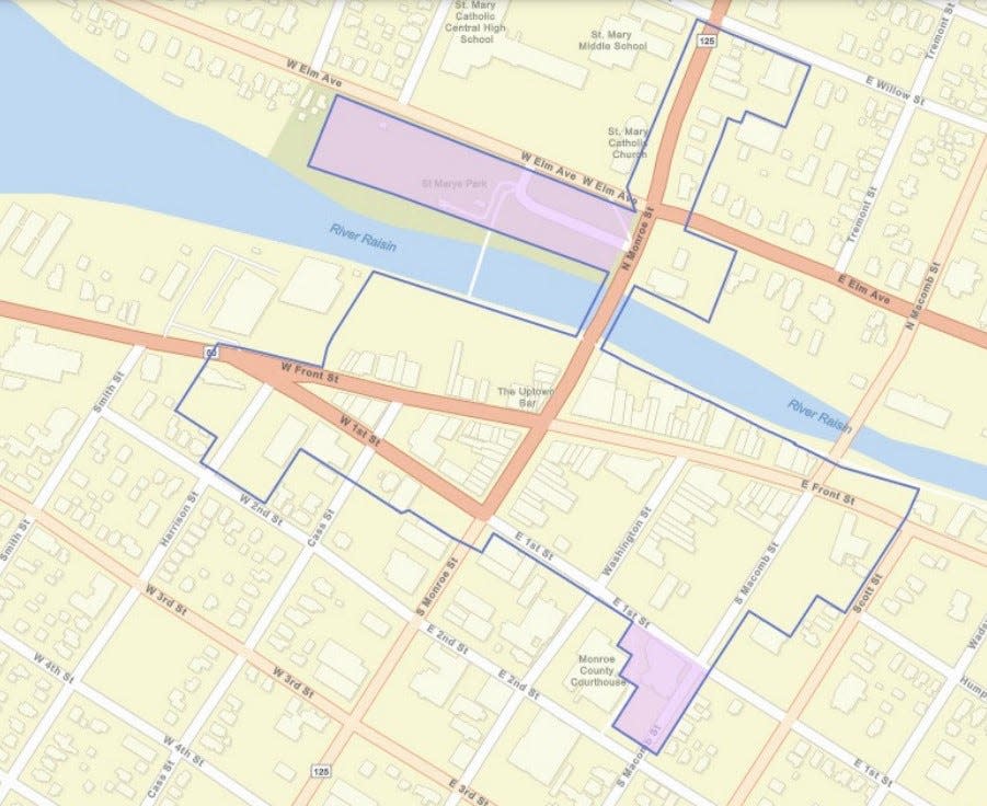 Proposed "Social District" area for downtown Monroe, as presented in the Monroe City Council agenda packet for the Nov. 21, 2022, meeting. St. Mary's Park and the City Hall Government Plaza would be social district areas only during designated special events approved in advance.