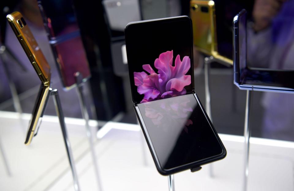 Samsung Galaxy Z Flip phones are seen on display during the Samsung Galaxy Unpacked 2020 event in San Francisco, California on February 11, 2020: JOSH EDELSON/AFP via Getty Images