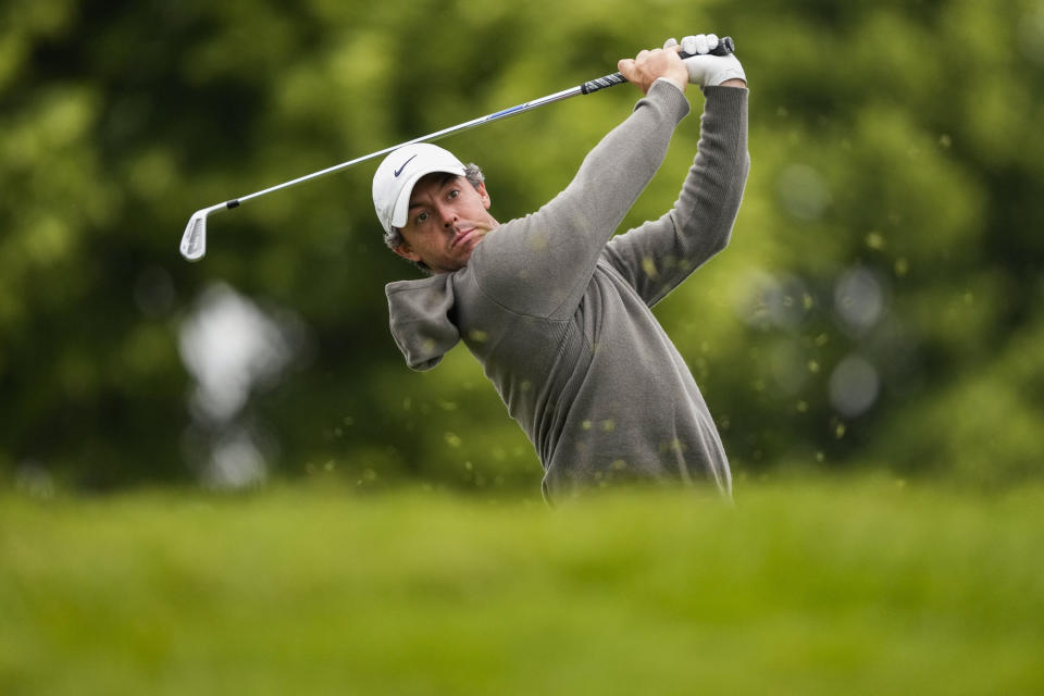 Rory McIlroy tees off on the 10th hole during the first round of the Canadian Open in Toronto on Thursday, June 8, 2023.(Andrew Lahodynskyj/The Canadian Press via AP)