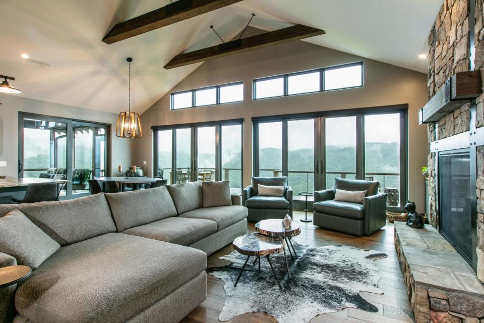 The great room at 402 Red Fox Trail in Marshall affords views of the mountains.