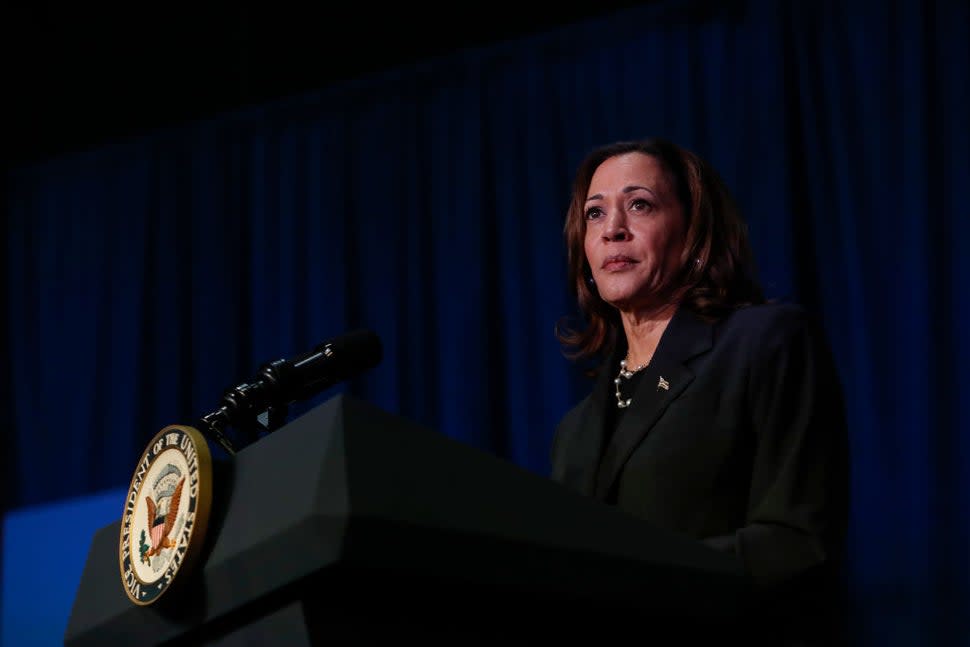 US Vice President Kamala Harris makes remarks before a moderated conversation with former Trump administration national security official Olivia Troye and former Republican voter Amanda Stratton on July 17, 2024 in Kalamazoo, Michigan. Harris' visit, following the attempted assassination of former President Trump, makes this her fourth trip to Michigan this year and seventh visit since taking office. 