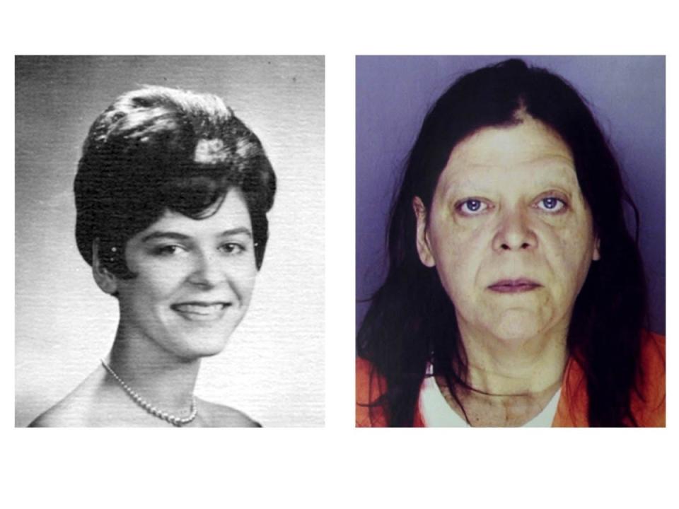 At left, Marjorie Diehl-Armstrong in the 1967 Academy High School yearbook and right, an Erie police mugshot from September 2003.