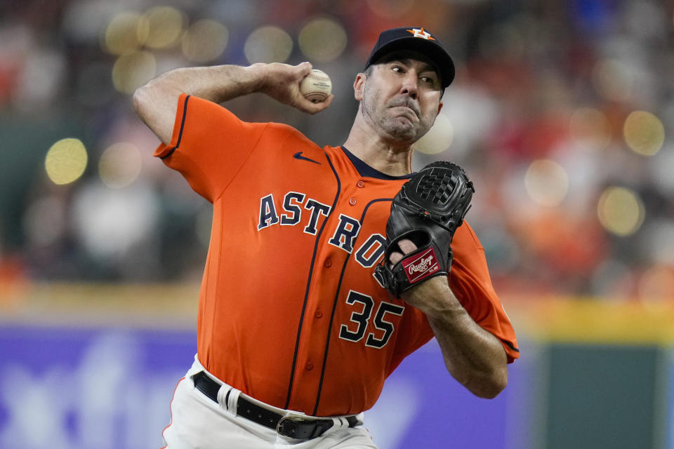 Houston Astros starting pitcher Justin Verlander delivers during the first inning of the team's baseball game against the Los Angeles Angels, Friday, Aug. 11, 2023, in Houston. (AP Photo/Eric Christian Smith)