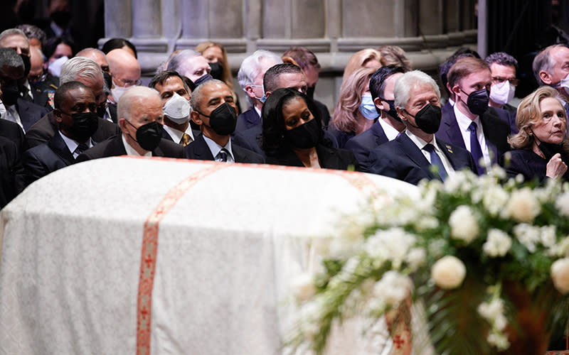 President Biden, former President Obama, former first lady Michelle Obama, former President Clinton and former Secretary of State Hillary Clinton sit together during the funeral of former Secretary of State Madeleine Albright at the National Cathedral in Washington, D.C., on April 27. <em>Yuri Gripas/UPI Photo</em>
