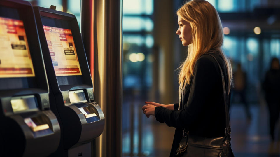 A small business owner in front of a terminal, making a deposit to her company’s bank account via the company's services.