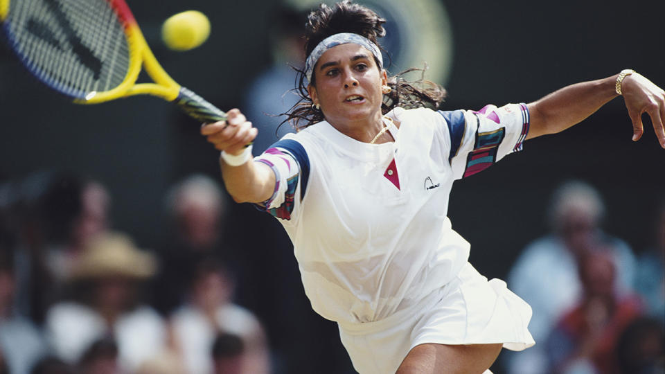 Gabriela Sabatini, pictured here in action at Wimbledon in 1995.