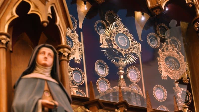 Some of the relics kept at the Shrine of the Holy Relics in Maria Stein, Ohio, are shown Jan. 22, 2003, in a hand-carved wooden altar. The Catholic Church approves of homage being paid to relics believed, with reasonable probability, to be genuine. Some people believe the relics put them in the presence of saints, which carry their prayers to God.