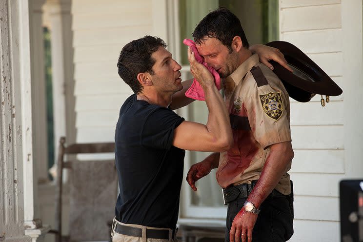 Jon Bernthal as Shane Walsh and Andrew Lincoln as Rick Grimes in AMC's The Walking Dead. (Photo Credit: Bob Mahoney/AMC)