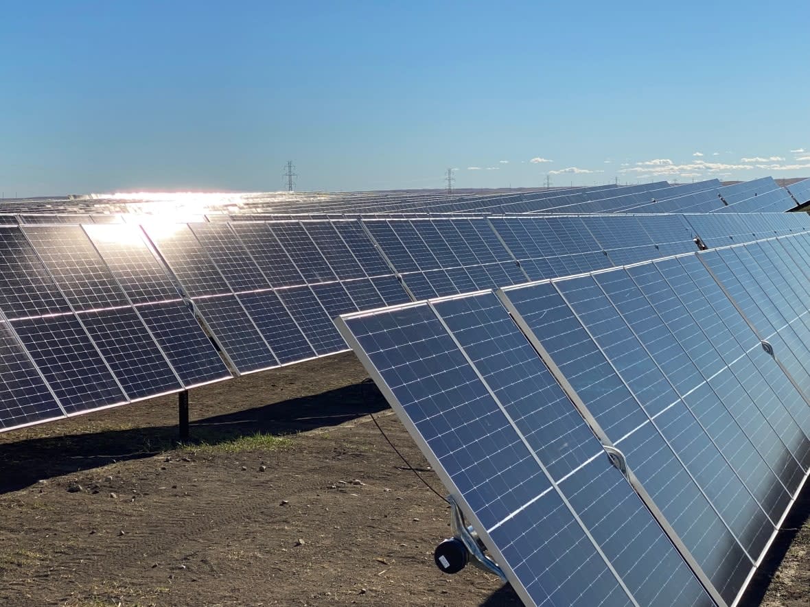 Solar farms like the The Travers Solar Project, in Lomond, Alta. continue to be built in the province, but many of the panels have a life expectancy of 20 years and will have to go to the landfill. (Carolyn Dunn/CBC - image credit)