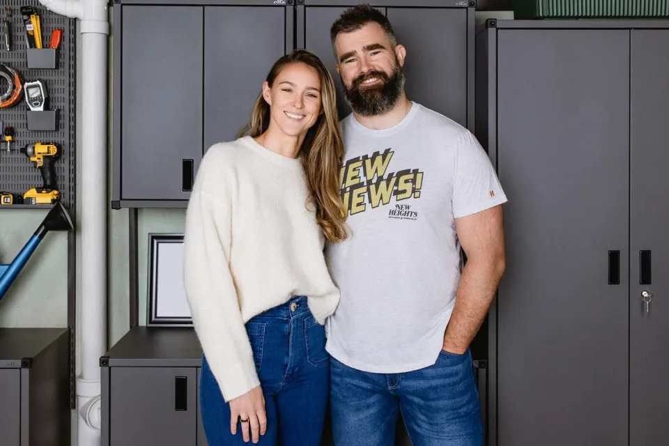 <p>Lexy Pierce Photo</p> Jason and Kylie Kelce in their transformed garage 