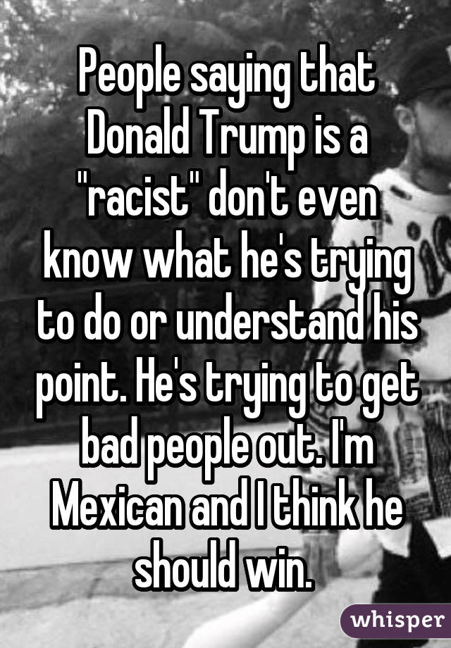 People saying that Donald Trump is a "racist" don't even know what he's trying to do or understand his point. He's trying to get bad people out. I'm Mexican and I think he should win. 