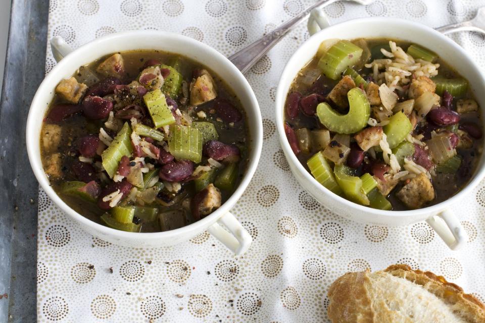 In this image taken on Jan. 28, 2013, Mardi Gras red beans and rice soup with andouille sausage is shown served in bowls in Concord, N.H. (AP Photo/Matthew Mead)