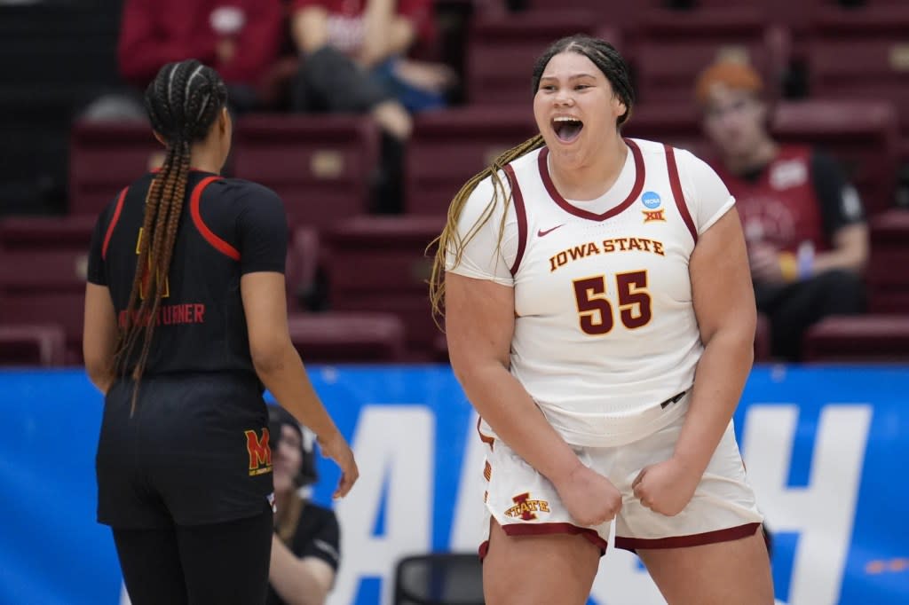 Iowa State center Audi Crooks reacts after scoring against Maryland during the second half of a first-round college basketball game in the women’s NCAA Tournament in Stanford, Calif., Friday, March 22, 2024. (AP Photo/Godofredo A. Vásquez)