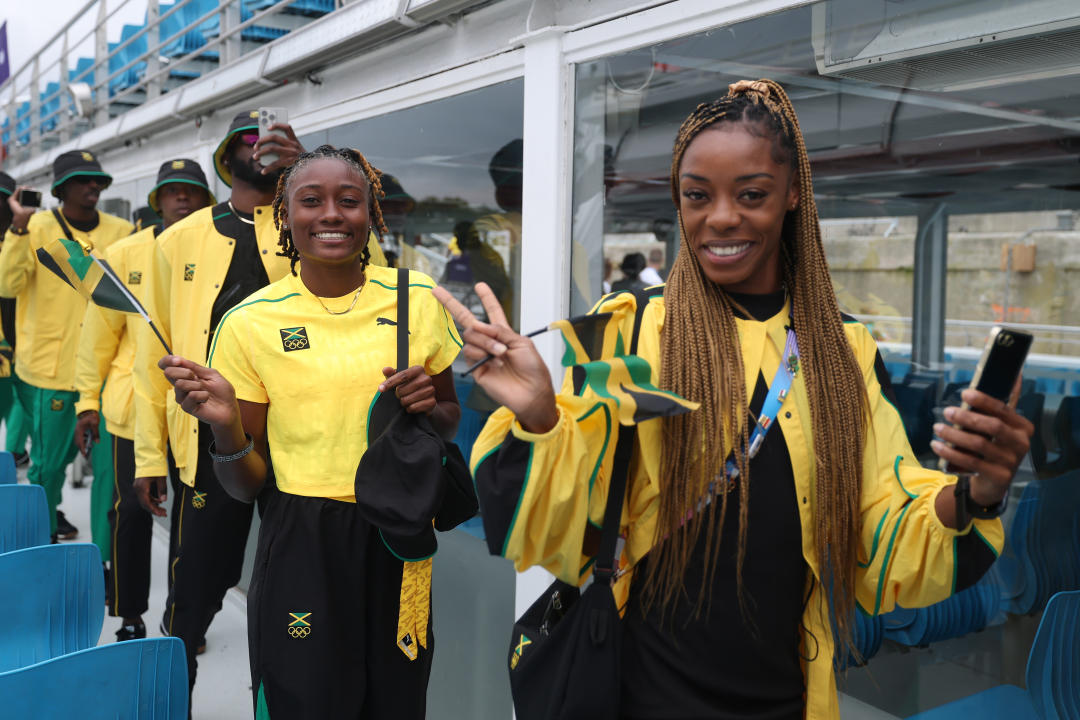 PARIS, FRANCE - JULY 26: Athletes of Team Jamaica board a boat prior to the opening ceremony of the Olympic Games Paris 2024 on July 26, 2024 in Paris, France. (Photo by Michael Reaves/Getty Images)