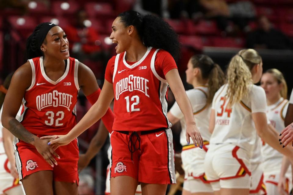 Ohio State forward Cotie McMahon (32) and guard Celeste Taylor (12) react after a basket during the Buckeyes' 84-76 win over Maryland.