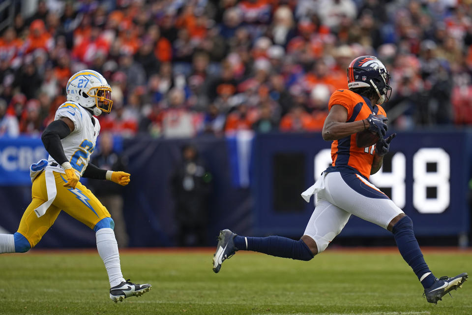 Denver Broncos wide receiver Lil'Jordan Humphrey (17) runs for a touchdown against the Los Angeles Chargers during the first half of an NFL football game, Sunday, Dec. 31, 2023, in Denver. (AP Photo/Jack Dempsey)