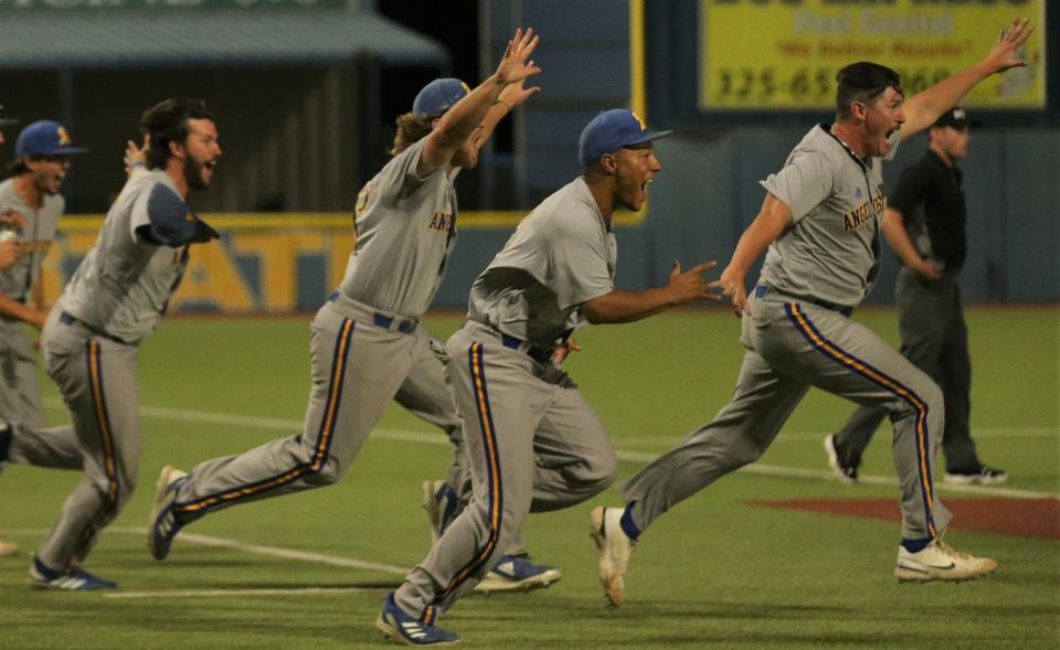The Angelo State University baseball team celebrates after beating Colorado Mesa in Game 3 of the South Central Super Regional at Foster Field at 1st Community Credit Union Stadium on Saturday, May 28, 2022. The Rams are heading to the College World Series for the second-straight year.