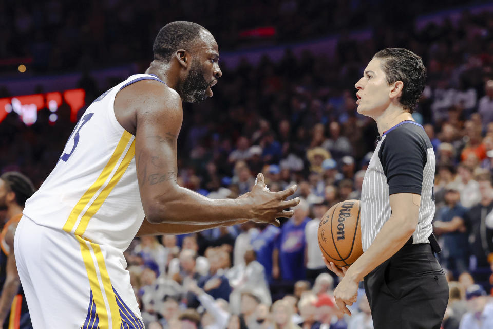 Nov 3, 2023; Oklahoma City, Oklahoma, USA; Golden State Warriors forward Draymond Green (23) reacts to an officials call during the second half against the Oklahoma City Thunder at Paycom Center. Mandatory Credit: Alonzo Adams-USA TODAY Sports