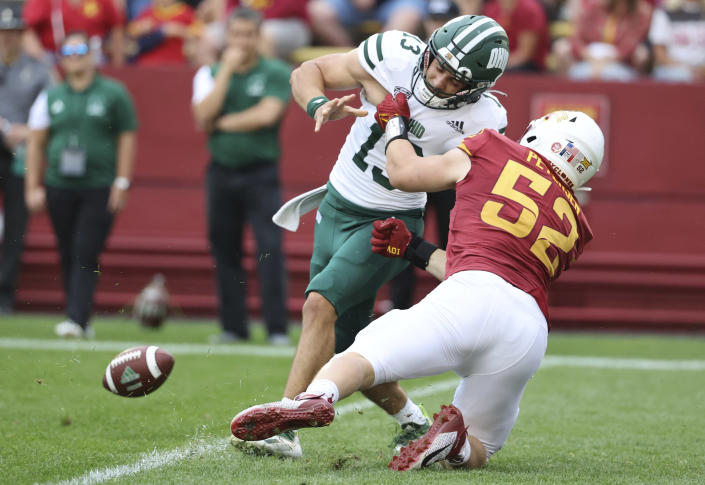 Iowa State defensive end Joey Petersen (52) forces Ohio quarterback Parker Navarro (13) to fumble the ball during the second half of an NCAA college football game, Saturday, Sept. 17, 2022, in Ames, Iowa. Iowa State won 43-10. (AP Photo/Justin Hayworth)