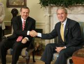 <p>President Bush meets with Turkey’s Prime Minister Recep Tayyip Erdogan, left, on Monday, Oct. 2, 2006, in the Oval Office at the White House in Washington. (AP Photo/Ron Edmonds) </p>