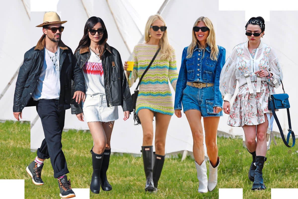 Celebrities, performers and festival-goers alike at Worthy Farm wearing their very best Glastonbury looks (ES composite )