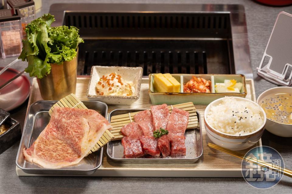 「A5和牛滿足盛合套餐」包含油花富麗的日本A5和牛紐約客，與肥瘦均勻的肩小排與角切肉。（1,230元／份）