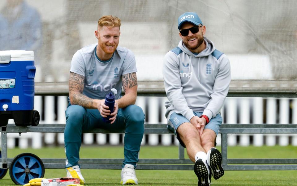  Ben Stokes and new England men's Test coach Brendon McCullum (right) during a nets session at Lord's Cricket Ground, London - Steven Paston/PA