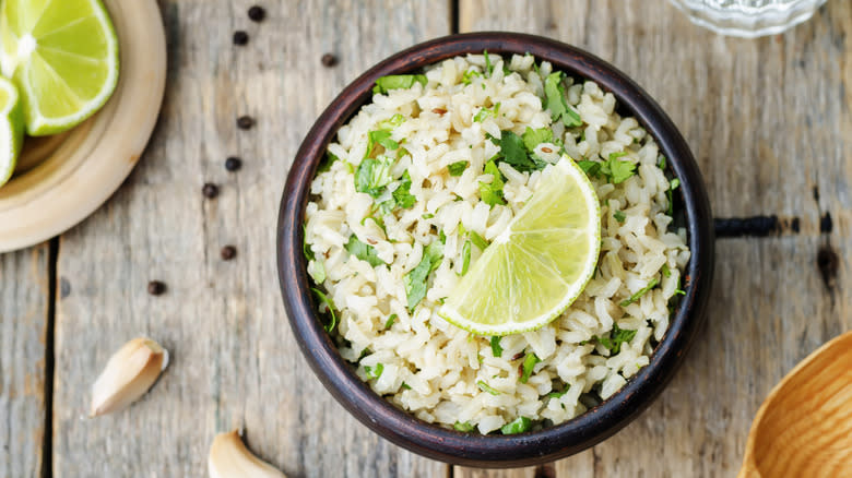 Cilantro lime rice in a bronze bowl