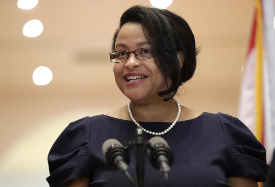 Renatha Francis smiles as she speaks during a news conference, Tuesday, May 26, 2020, at the Miami-Dade Public Library in Miami. Gov. Ron DeSantis appointed two South Floridians to the state Supreme Court on Tuesday: Francis, a Palm Beach County circuit judge who immigrated from Jamaica and, a former assistant U.S. attorney who is the son of Cuban immigrants. (AP Photo/Wilfredo Lee)