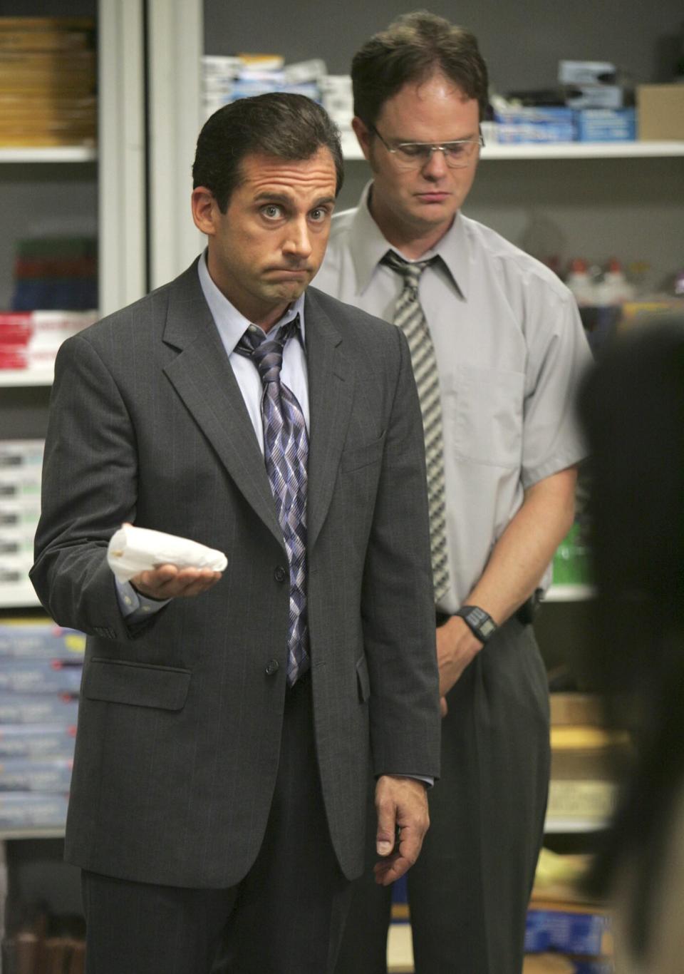 THE OFFICE -- "Grief Counseling" Episode 4 -- Aired 10/12/06 -- Pictured: (l-r) Steve Carell as Michael Scott, Rainn Wilson as Dwight Schrute