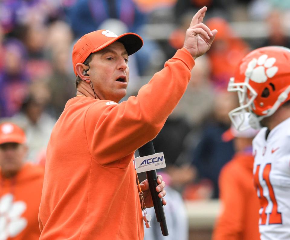 Clemson head coach Dabo Swinney spoke for the ACC Network telecast before and during the 2022 Orange vs White Spring Game at Memorial Stadium in Clemson, South Carolina Apr 9, 2022; Clemson, South Carolina, USA;  at Memorial Stadium. 
