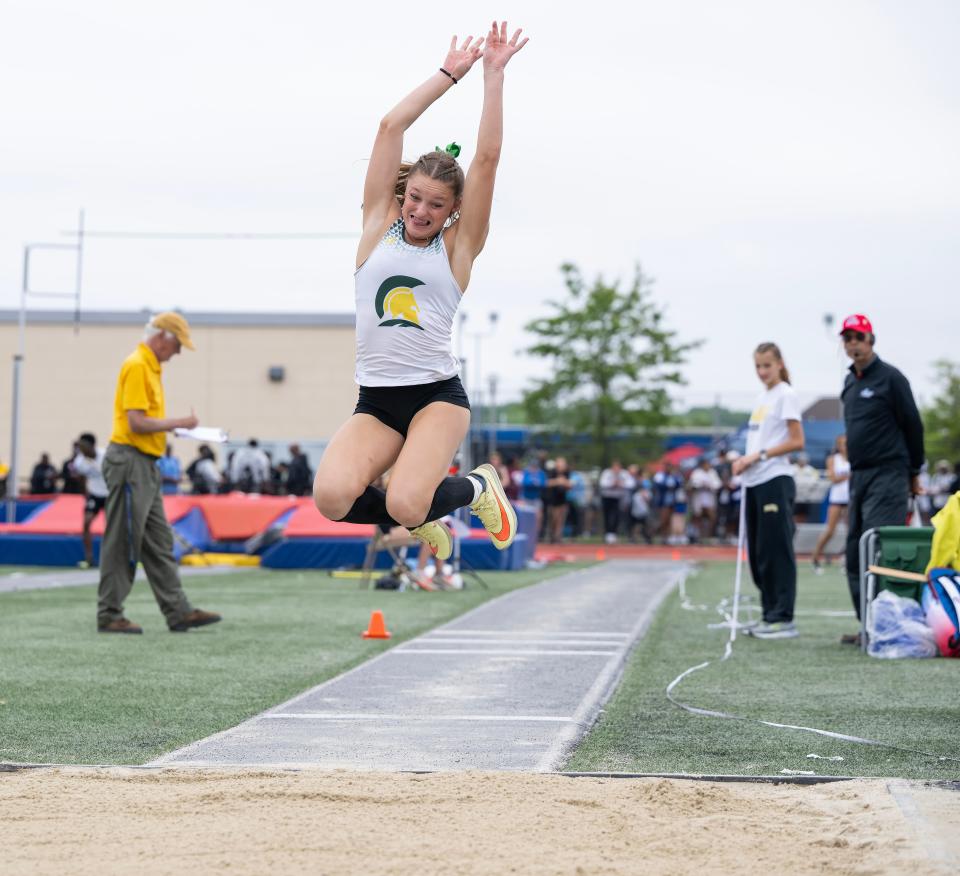 Saint Mark's Danni McGonigle competes in the Division II girls triple jump at the DIAA Track & Field Championships at Dover High on Saturday, May 20, 2023.