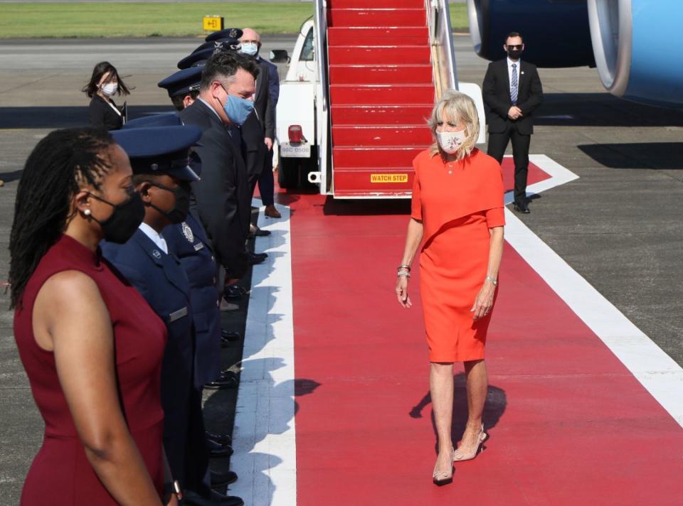 Jill Biden, first lady of the United States, arrives at Yokota Base in Tokyo on July 22, 2021, one day before the opening ceremony of the Tokyo Olympic Games. - Credit: AP