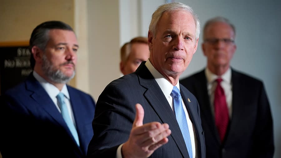 Sen. Ron Johnson (R-Wis.) addresses reporters during a press conference on Wednesday, February 9, 2022 to discuss rising crime issues around the country.