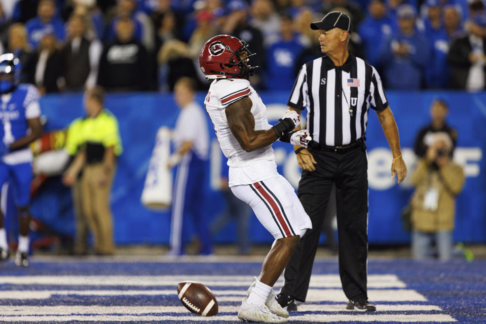 South Carolina running back MarShawn Lloyd (1) celebrates after scoring a touchdown against Kentucky during the first half of an NCAA college football game in Lexington, Ky., Saturday, Oct. 8, 2022. (AP Photo/Michael Clubb)