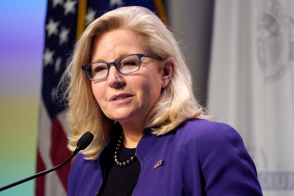 Rep. Liz Cheney, R-Wyo., speaks during the Nackey S. Loeb School of Communications' 18th First Amendment Awards at the NH Institute of Politics at Saint Anselm College in Manchester, N.H., on Nov. 9, 2021. House Republican Leader Kevin McCarthy is endorsing challenger Harriet Hageman over Cheney in the GOP primary in Wyoming, a rare departure for a party leader attempting to boost a Trump-aligned candidate over one of the former president's chief critics.