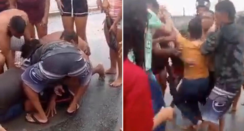 The girl being pulled from the storm drain. 