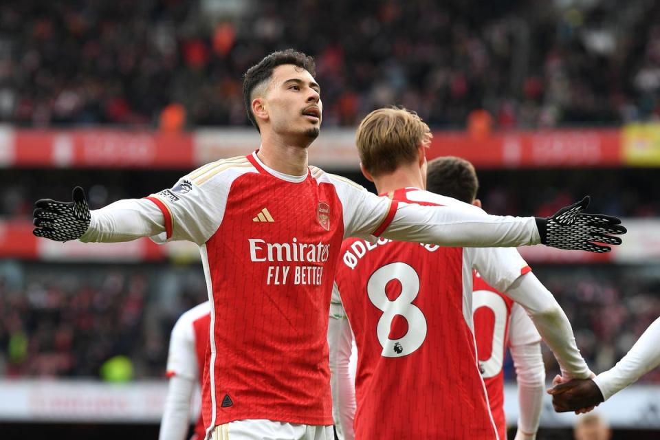 Gabriel Martinelli scored twice in stoppage-time (Arsenal FC via Getty Images)