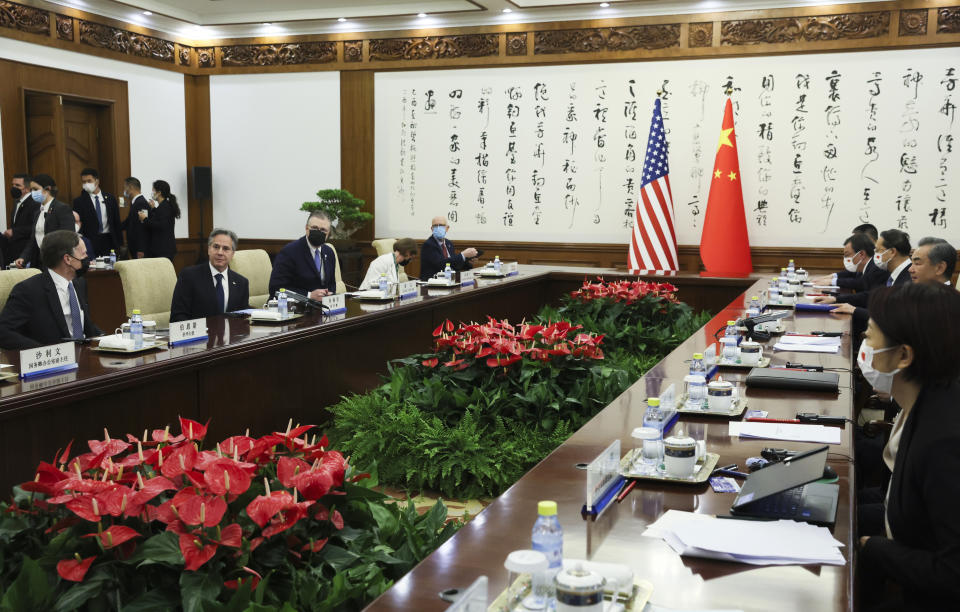 U.S. Secretary of State Antony Blinken, second left, meets with China's top diplomat Wang Yi, second right, at the Diaoyutai State Guesthouse in Beijing, China, Monday, June 19, 2023. (Leah Millis/Pool Photo via AP)