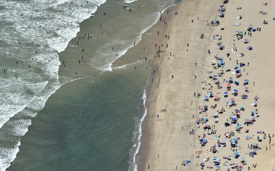 Rip currents can occur at any surf beach on Cape Cod, including Marconi Beach in South Wellfleet, seen here from above.