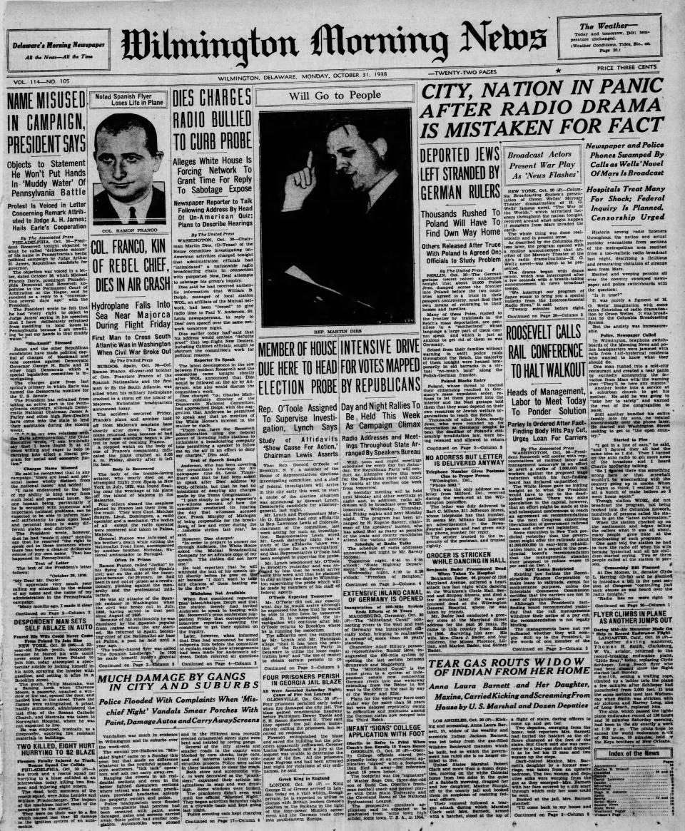 Front page of the Wilmington Morning News from Oct. 31, 1938.