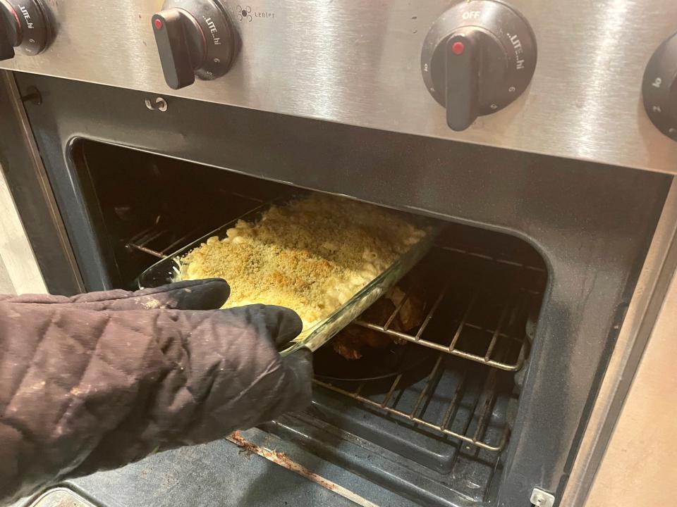 Rotating Ina mac and cheese in the oven